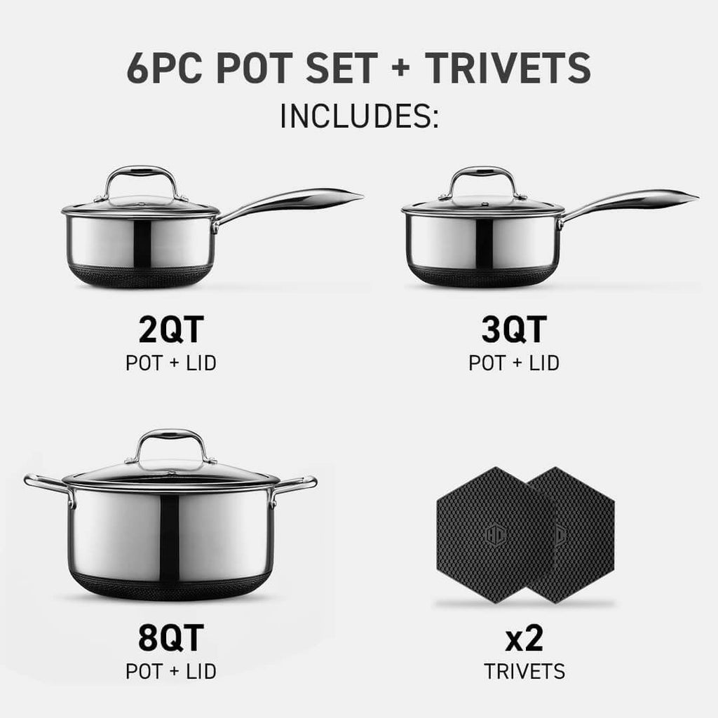 HexClad Hybrid Nonstick 6-Piece Pot Set 2QT, 3QT & 8QT Pots with Glass Lids