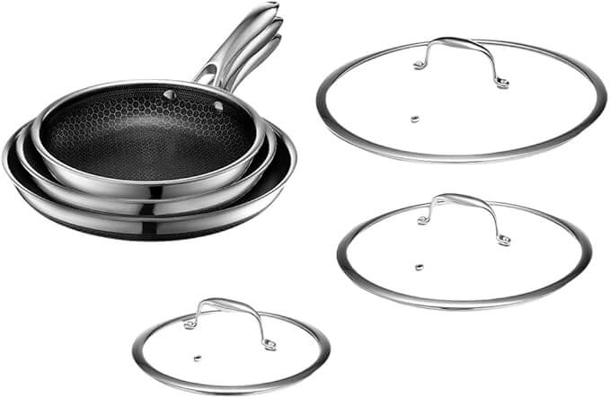 HexClad Hybrid Nonstick 6-Piece Fry Pan Set, 8, 10, and 12-Inch Frying Pans with Tempered Glass Lids