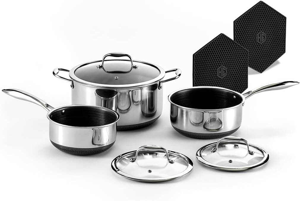 HexClad Hybrid Nonstick 6-Piece Pot Set 2QT, 3QT & 8QT Pots with Glass Lids