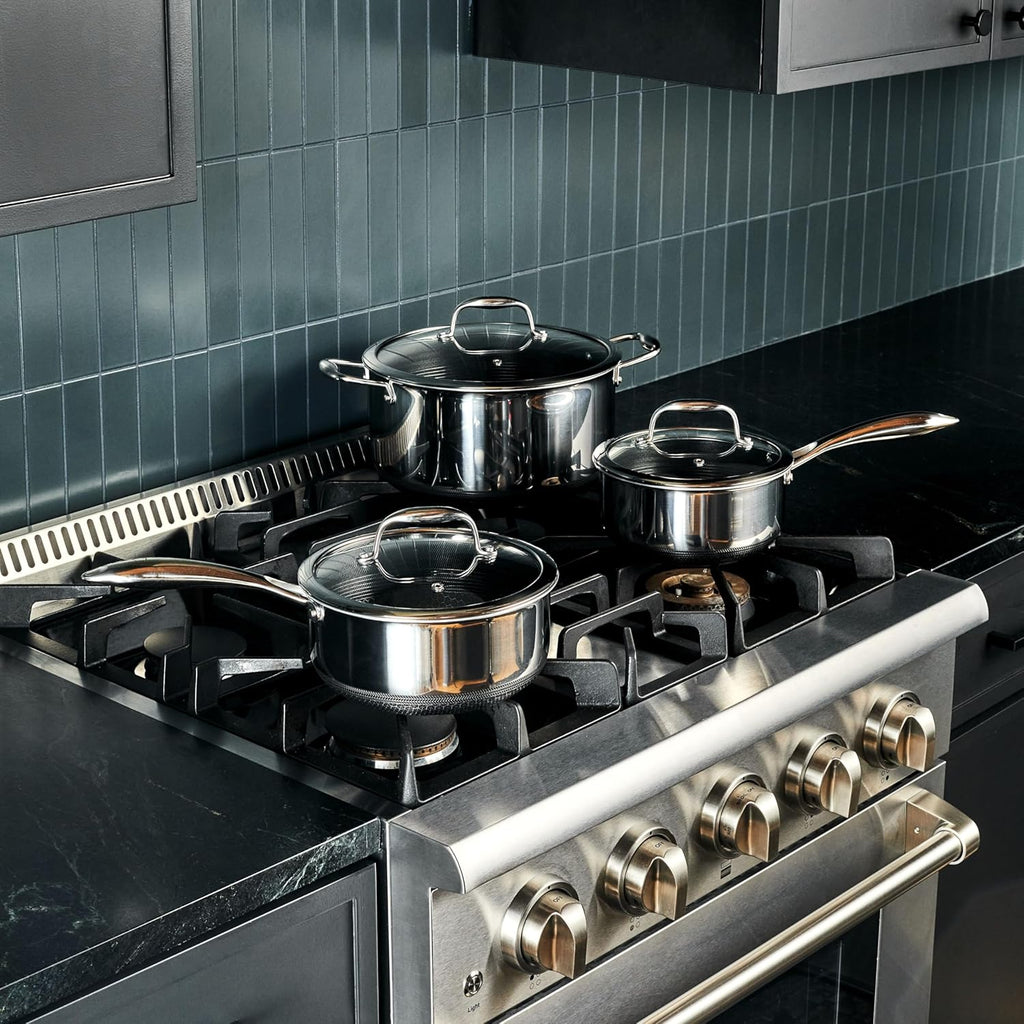 HexClad Hybrid Nonstick 6-Piece Pot Set 2QT, 3QT & 8QT Pots with Glass Lids